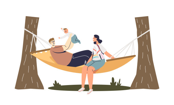 年轻的家庭在花园户外的吊床上放松。快乐的父母和孩子的休闲活动图片下载