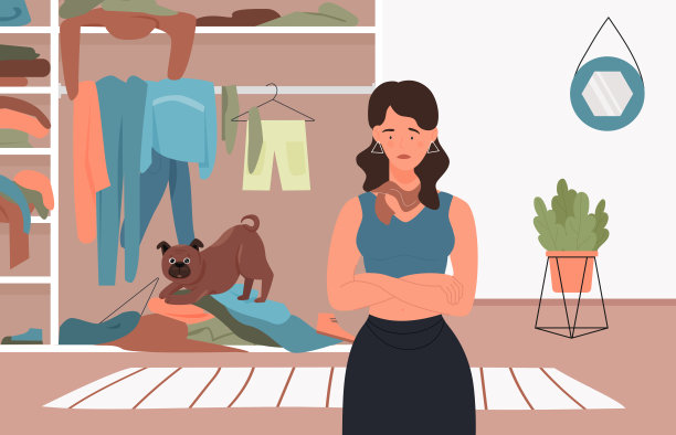 淘气狗的坏行为，麻烦乱房间，女人宠物主人生气内疚的小狗图片下载