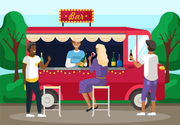 卡车和调酒师为年轻人制作酒精饮料。男人们在户外酒吧买鸡尾酒图片下载