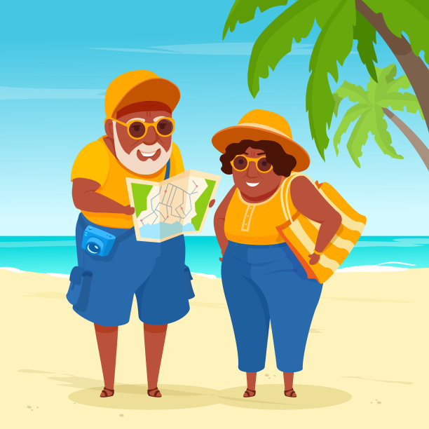 一对老年游客夫妇站在海边，看着纸上的地图。活跃的老年人。图片下载