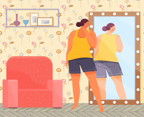 穿着运动服的女人看着镜子里的自己。不幸的胖女孩站在镜子前图片下载