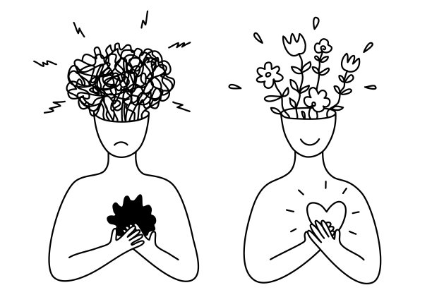 悲伤、沮丧和快乐的人。选择积极或消极思考的概念。爱还是内心的空虚。矢量插图。涂鸦风格。黑色轮廓孤立在白色背景上图片下载