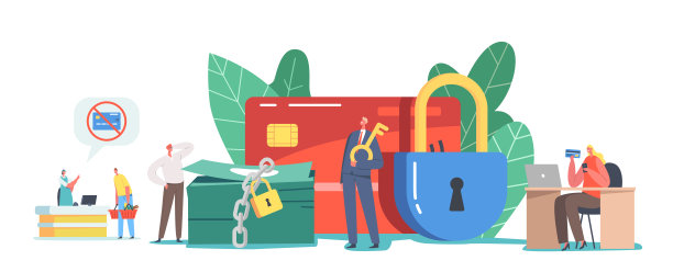 微型男性和女性角色在巨大的阻塞信用卡和锁定的金钱堆。超市支付块图片下载