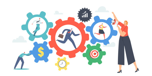 工作规律，团队合作，生产力，效率理念。男性和女性角色移动巨大的齿轮机制图片下载