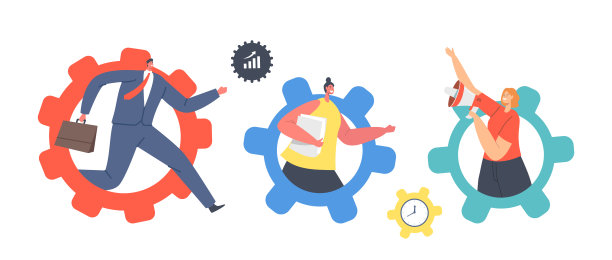 一组移动巨大齿轮的小角色。在齿轮的商人和女商人发展新的战略，生产力图片下载