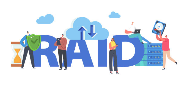RAID的概念。独立磁盘存储冗余阵列数据中心的微小字符，备份服务器图片下载