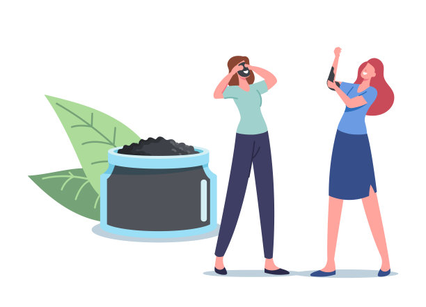 使用天然矿物泥或木炭面膜的女性。在巨大的化妆品罐里的小女性角色用于温泉浴图片下载