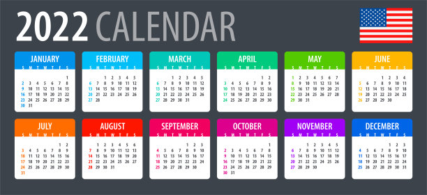2022年日历-矢量插图，英文，美国版本。图片下载