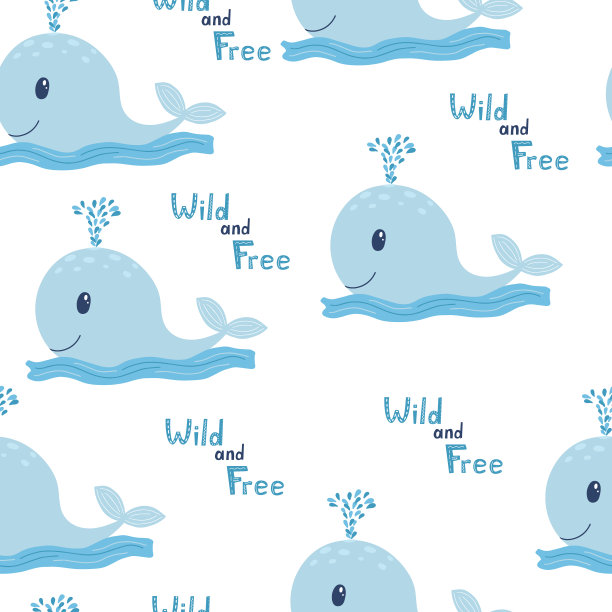 幼稚的无缝图案与蓝鲸和签名野生和自由。蓝色的颜色。适合儿童服装、布料、纺织品、苗圃装饰、包装纸等。向量图片下载