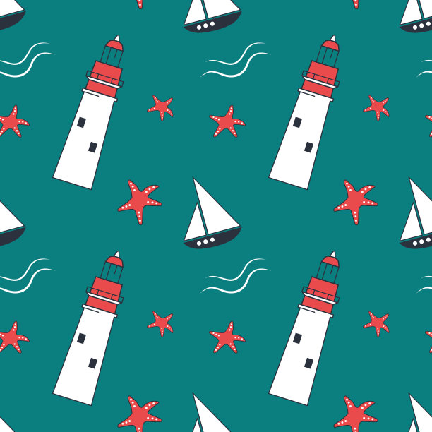 夏季海洋无缝模式与灯塔，海星和船舶在蓝色背景图片下载