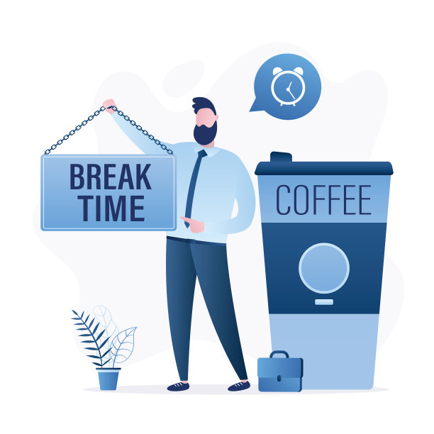 咖啡休息时间，概念横幅。男性办公室职员拿着写着文字的木板。旁边有个大咖啡杯。图片下载