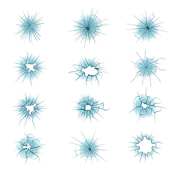 破碎的玻璃。粉碎表面边缘，危险的裂缝，最近的向量模板集合图片下载