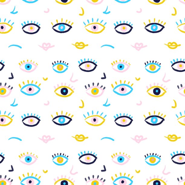 抽象的无缝模式。白色背景上不同颜色的眼睛。为纸张、织物、服装和其他物品设计。图片下载