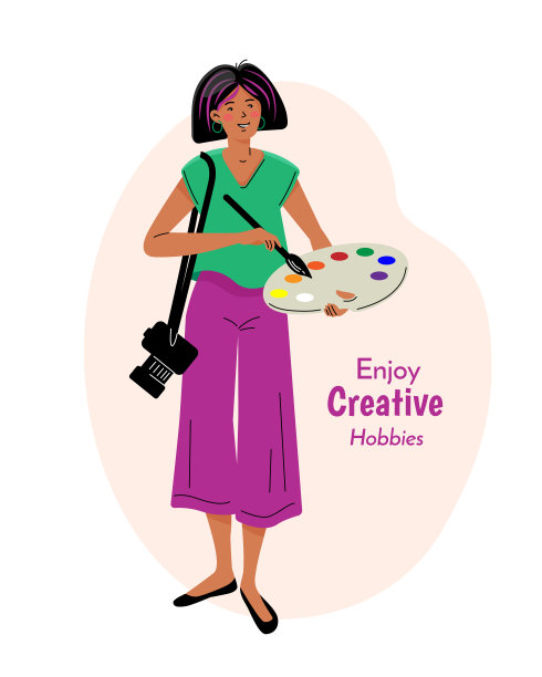 女人拿着托盘和相机。图片下载