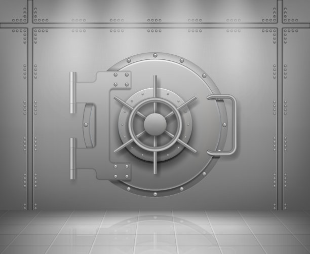 钢银行大门。节约金钱和财富的概念金属或钢铁保护门空存储体面向量现实的背景图片下载