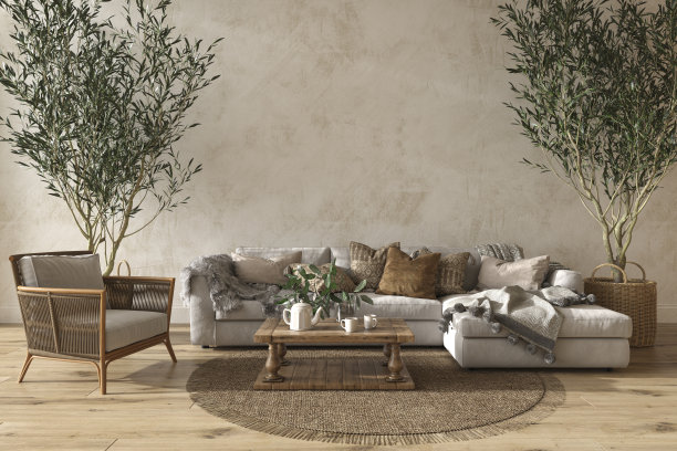 斯堪的纳维亚农舍风格的米色客厅内饰采用天然木制家具。模拟墙壁背景。3 d渲染插图。图片下载