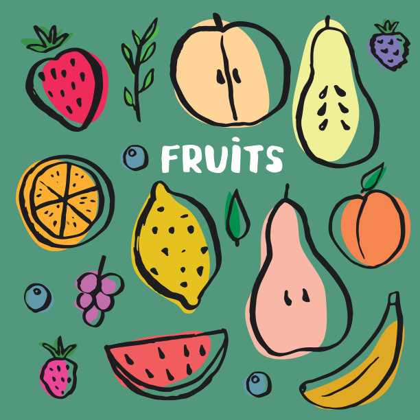 水果套装，收集多汁的水果，苹果，梨，草莓，橙子片，桃子，李子，香蕉，西瓜，木瓜，葡萄，柠檬和浆果。矢量图图片下载