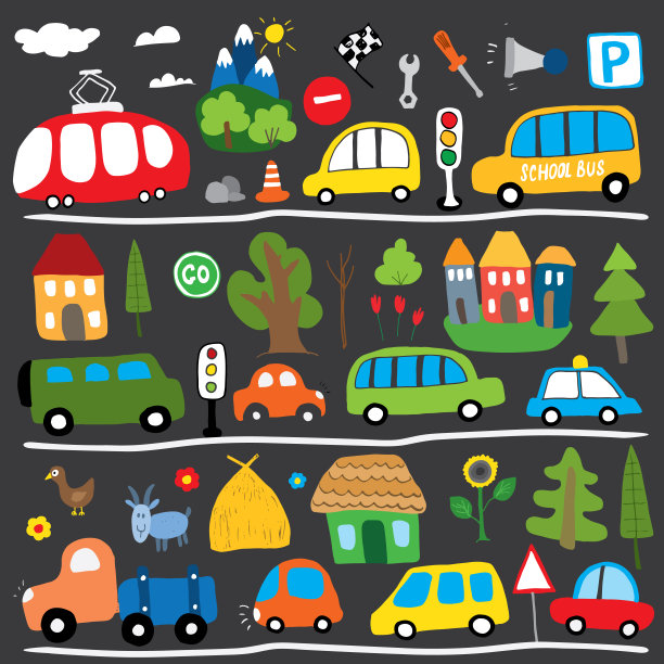 汽车动画设置。可爱的交通涂鸦收藏，矢量插图图片下载