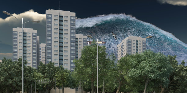 海啸波启示水视图城市洪水风暴。3D插图图片下载