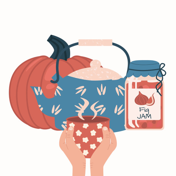 集秋食饮平面矢量元素。南瓜，水壶或茶壶，无花果果酱罐，手拿杯子。孤立在白色的图片下载