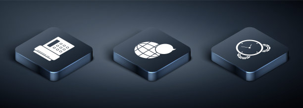 设置等距电话，时间管理和世界地图从语音气泡图标。向量图片下载