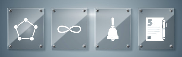 设置考试或考卷和笔，铃声，无限和几何图形五角形。方形玻璃面板。向量图片下载