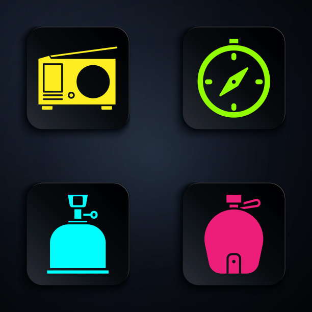 设置水壶，无线电天线，露营煤气炉和指南针。黑色方形按钮。向量图片下载