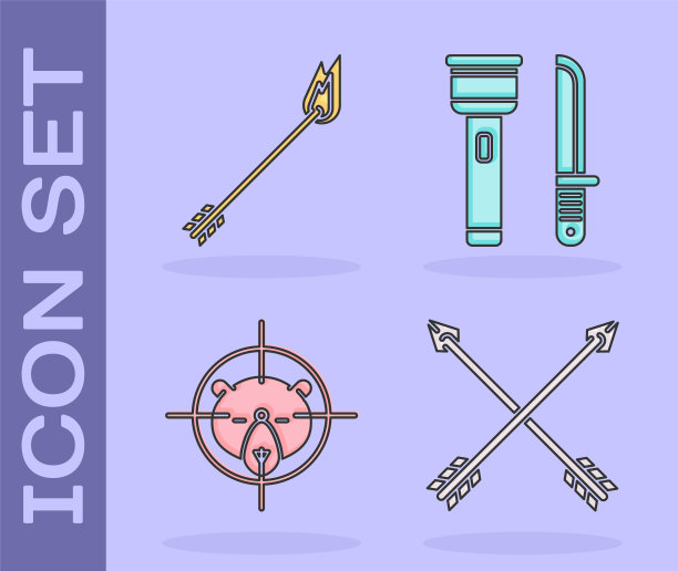 设置交叉箭，火焰箭，狩猎与十字准星和手电筒和刀图标熊。向量图片下载