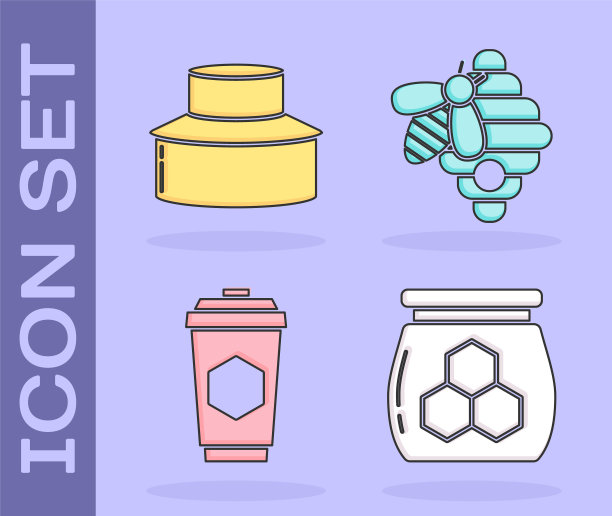 蜂蜜罐，养蜂人保护帽，蜂蜜茶和蜂箱图标。向量图片下载