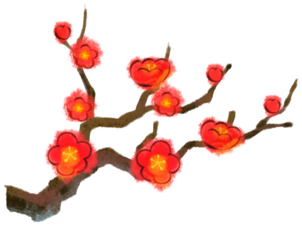 红梅和树枝的插画在水彩风格。图片下载