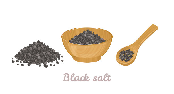 喜玛拉雅黑岩盐在木碗中，勺和堆孤立在白色。矢量插图的夏威夷黑熔岩盐在卡通扁平风格。图片下载