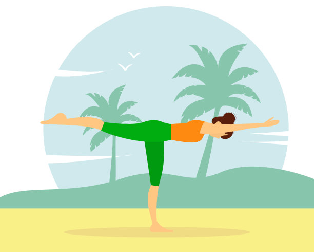 在沙滩上做瑜伽的女人：健康生活方式、体育锻炼、瑜伽概念插画。扁平风格矢量插画图片下载