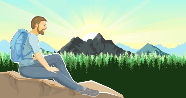 男人坐在悬崖上，石岩，登山者在高处休息，徒步旅行者背着背包欣赏风景，阳光，地平线上的冒险，自然风光，扁平风格，矢量插画图片下载