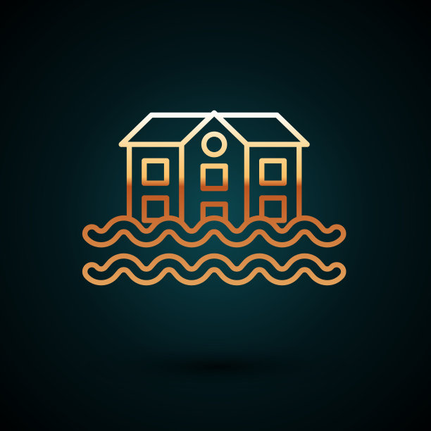 金色线房子洪水图标孤立在深蓝色图片下载