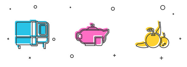 设置床茶壶与杯子和水果图标图片下载