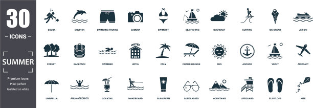 夏季图标集包含充满了平太阳锚图片下载