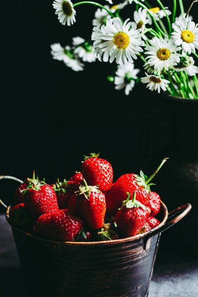 雏菊和草莓的静物画。复古的成分图片下载