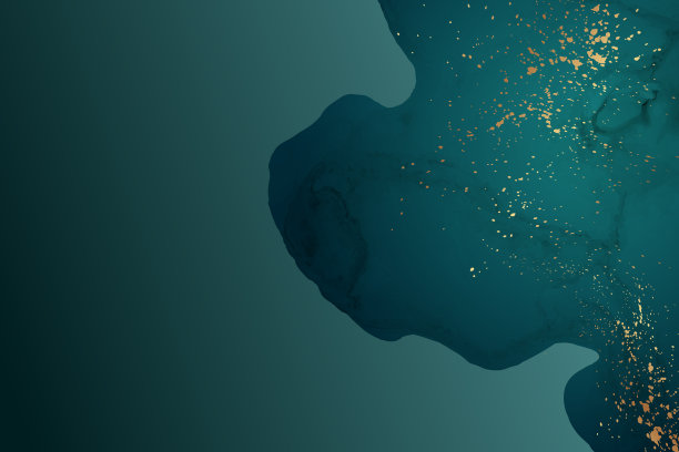 水彩背景与抽象的绿色墨水污渍和金色飞溅。图片下载