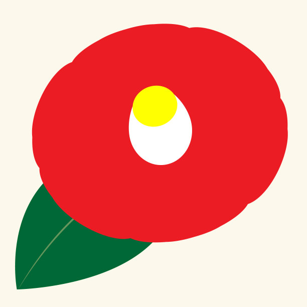 淡黄色背景插图中的红色山茶花和一片绿色的叶子图片下载