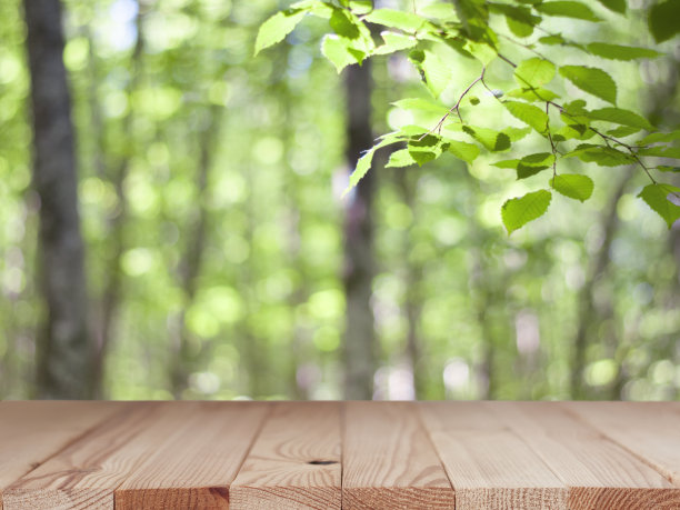 木制桌面与自然模糊的背景图片下载