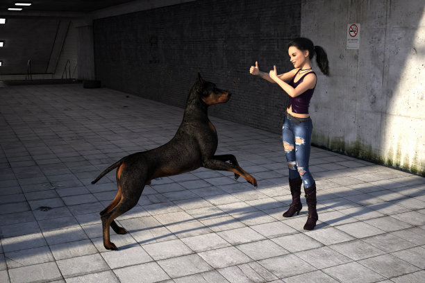 清晨，地铁入口处，一位年轻女子竖起大拇指和她的宠物狗玩耍。图片下载