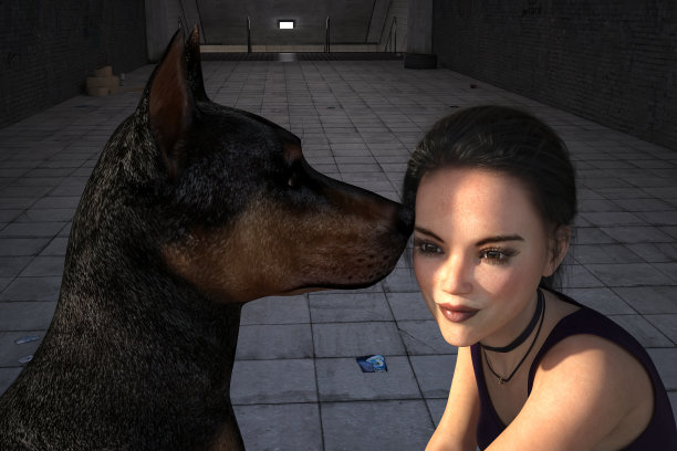 地铁入口处的晨光中，一位年轻女子和她的宠物狗用鼻子蹭着她的脸。图片下载