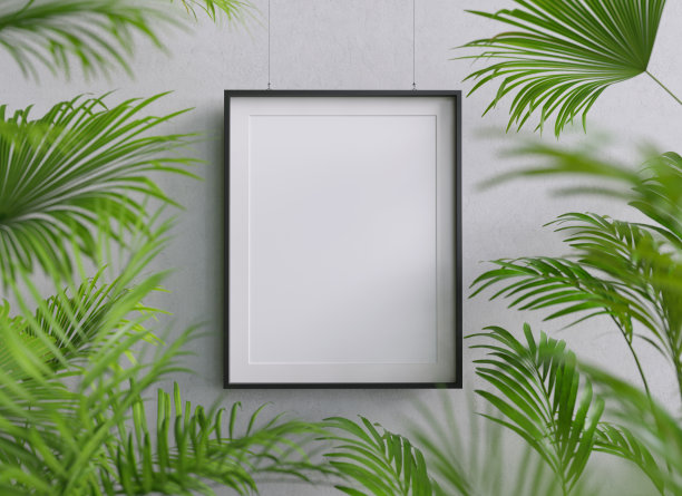 空白海报模型挂在水泥墙上，周围是绿色植物。3 d渲染。图片下载