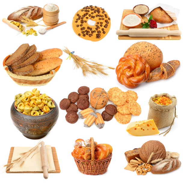 由不同的烘焙产品和饼干组成，在白色背景上隔离。拼贴画。图片下载