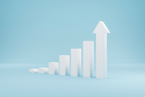 箭头图形符号增长阶梯楼梯向上移动在浅蓝色的背景。业务发展走向成功，年收入不断增长的理念。三维演示图片下载