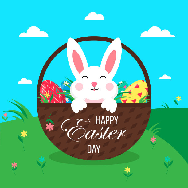 复活节海报与鸡蛋兔子柳条篮子图片下载