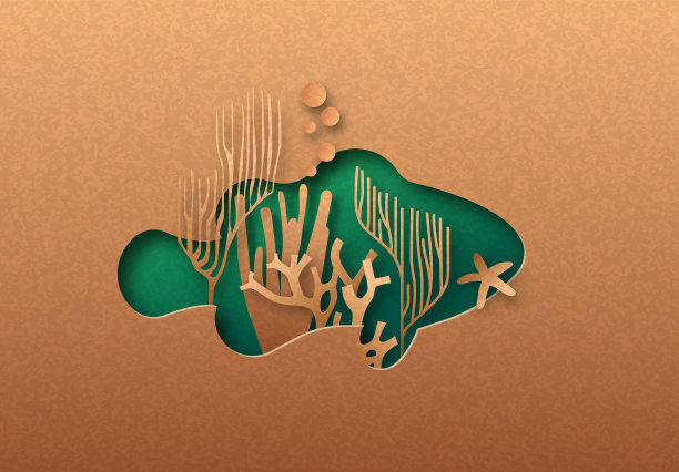 绿色剪纸小丑鱼珊瑚礁概念图片下载