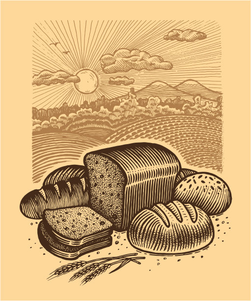 面包静物在风景背景，矢量插图。农产品的集合。图片下载