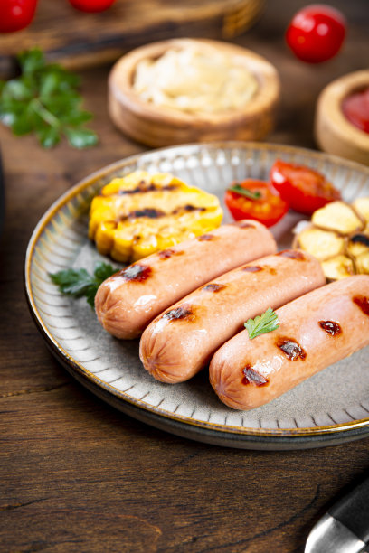 烤香肠配蔬菜和酱汁。夏天烧烤香肠，玉米和西红柿近距离，垂直照片与软焦点图片下载