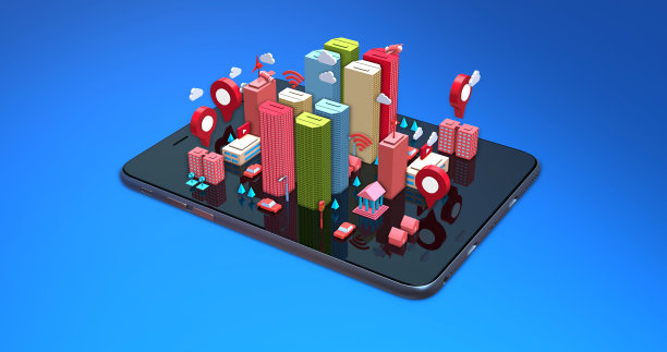 智能平板电脑上的智慧城市生活。等距卡通风格的未来概念。图片下载